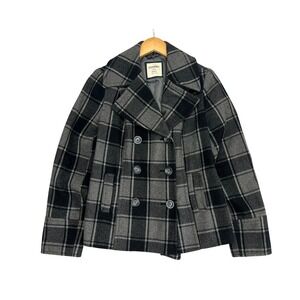 Old Navy Womens Grey Black Plaid Wool Blend Double Breasted Pea Coat Size Small